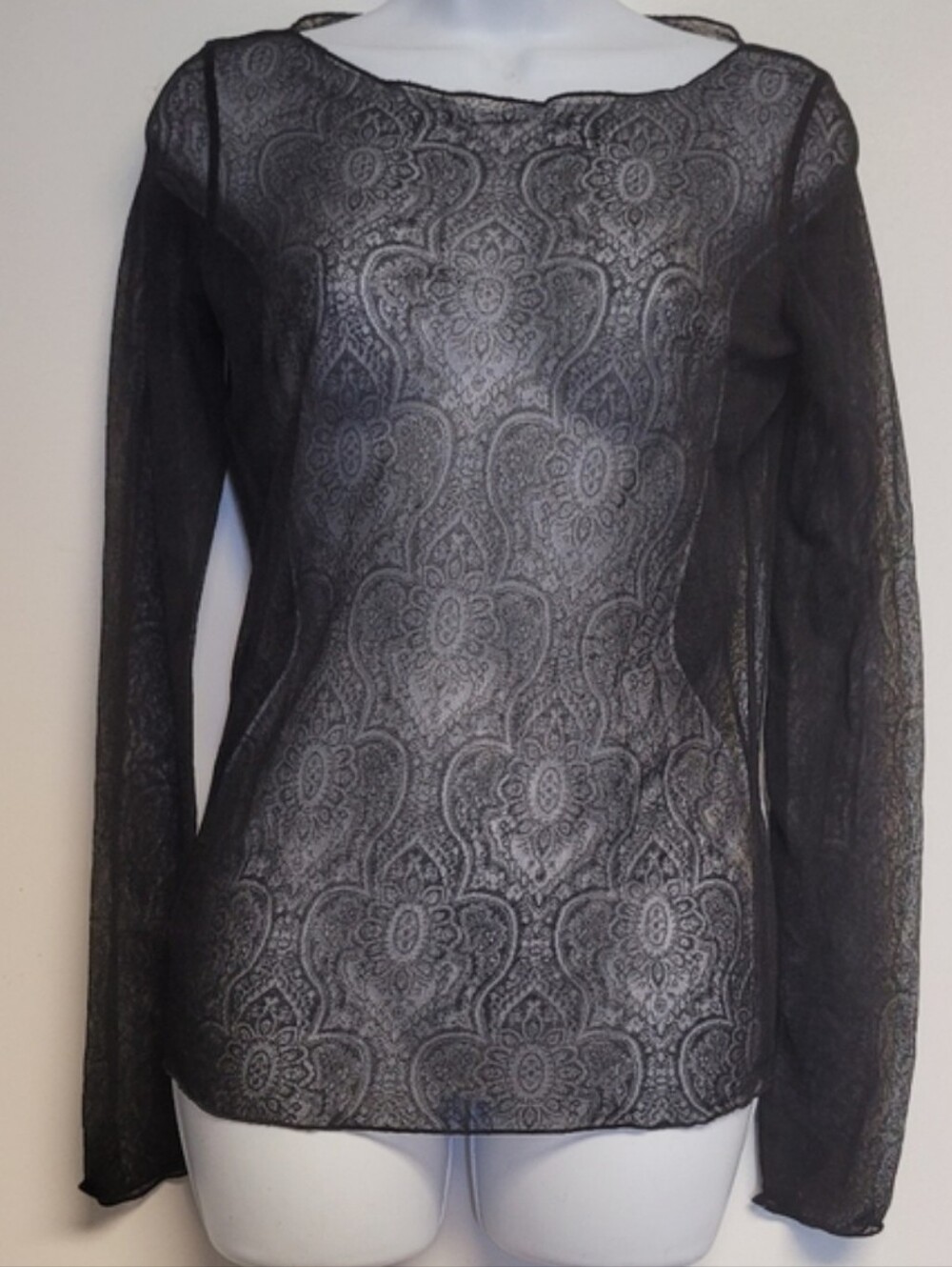 Vintage Armani Collezioni Black Paisley Sheer Made In Italy LS Top Size 6
